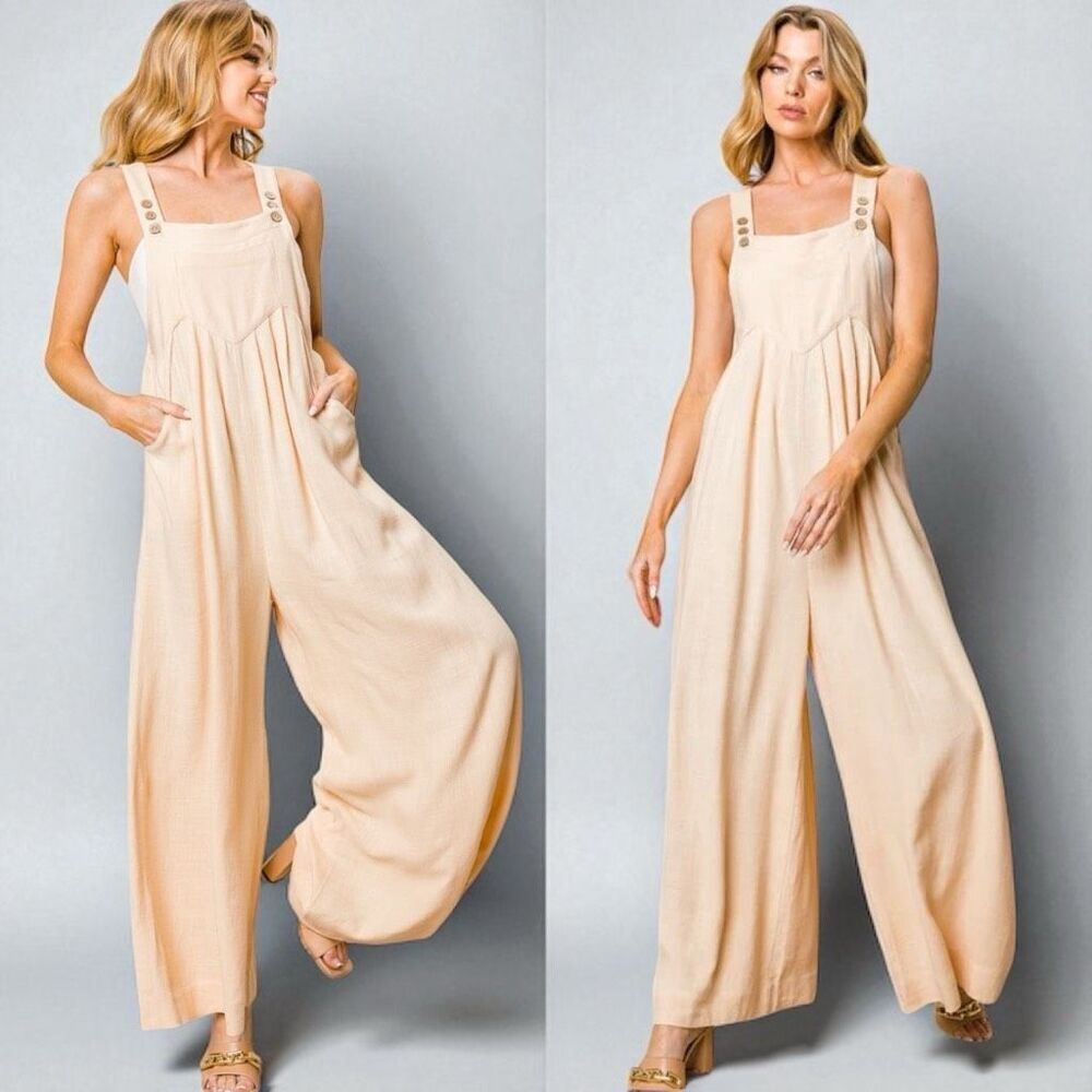 BiBi Beige Texture Sleeveless Wide Leg Jumpsuit Size Large NWT